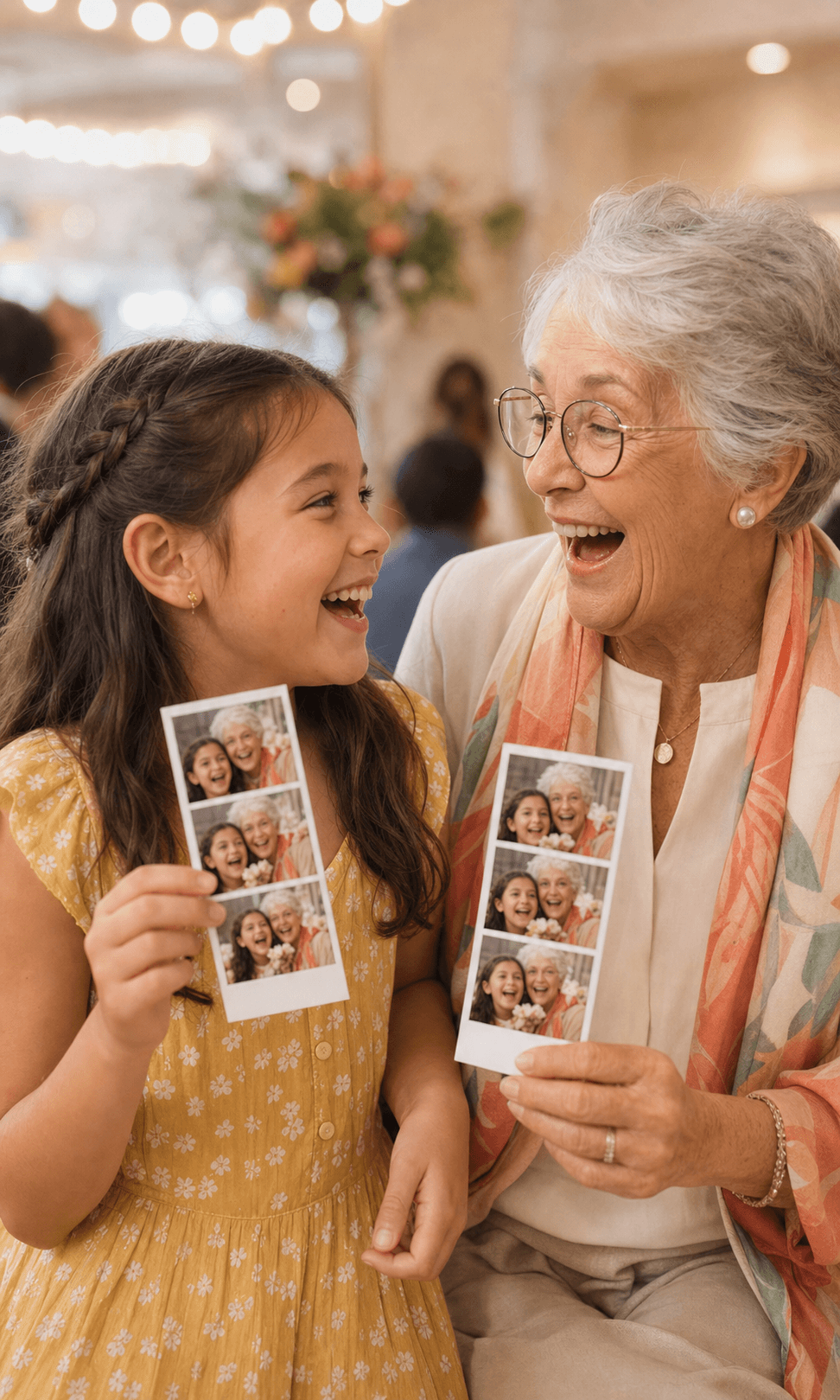 Mise en scène commerciale de deux générations partageant leurs photos