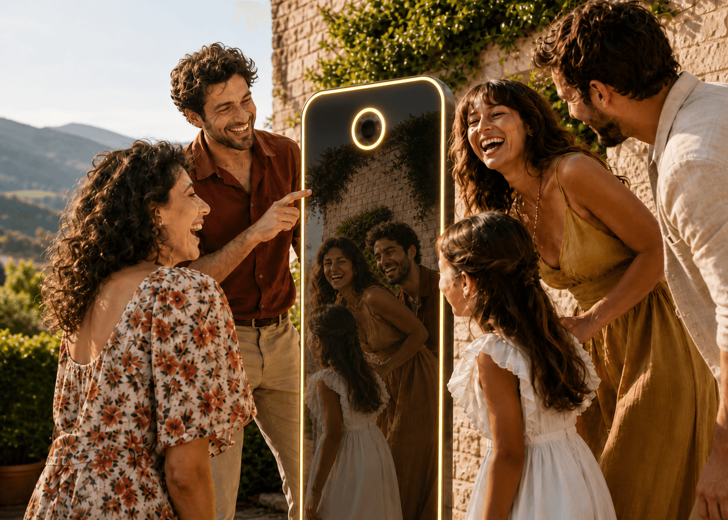 Mise en scène commerciale d’invités autour du photobooth miroir pleine hauteur Flash tes potes