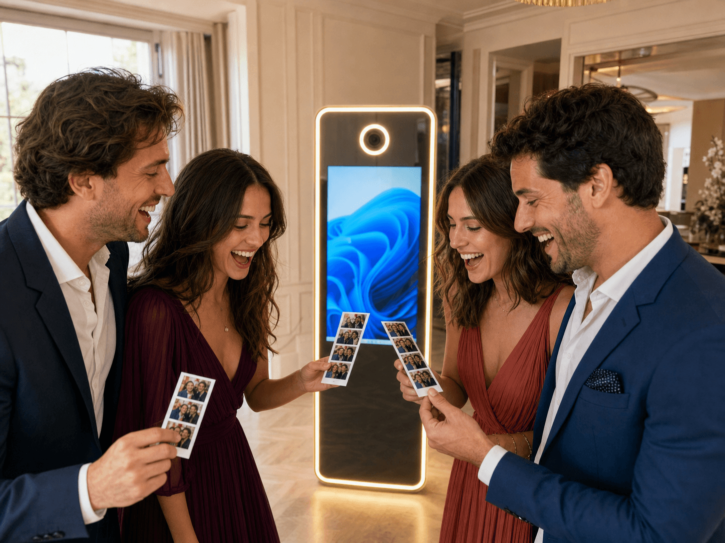 Mise en scène commerciale d’invités tenant leurs tirages personnalisés