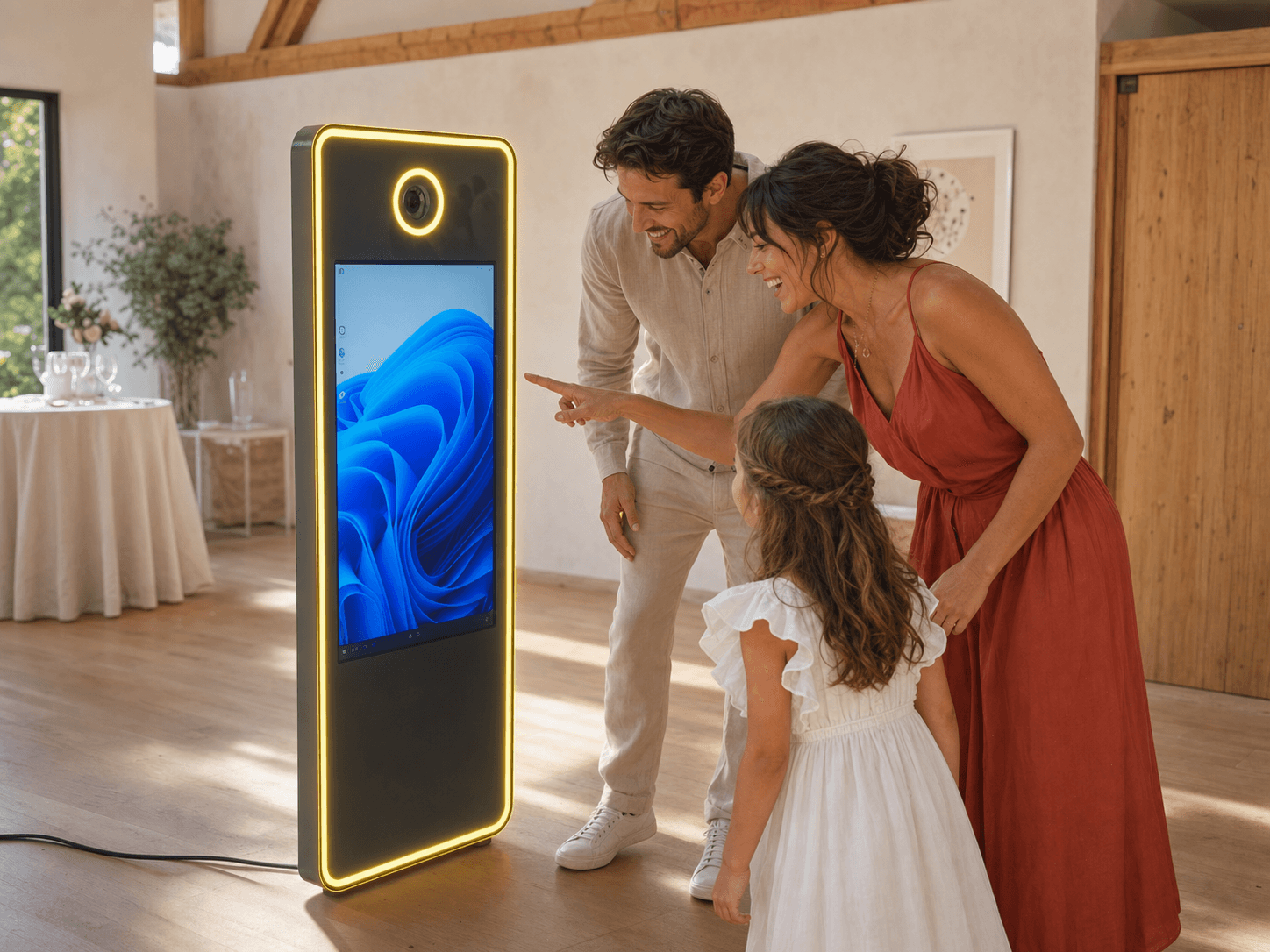 Mise en scène commerciale d’une famille utilisant l’écran tactile du photobooth